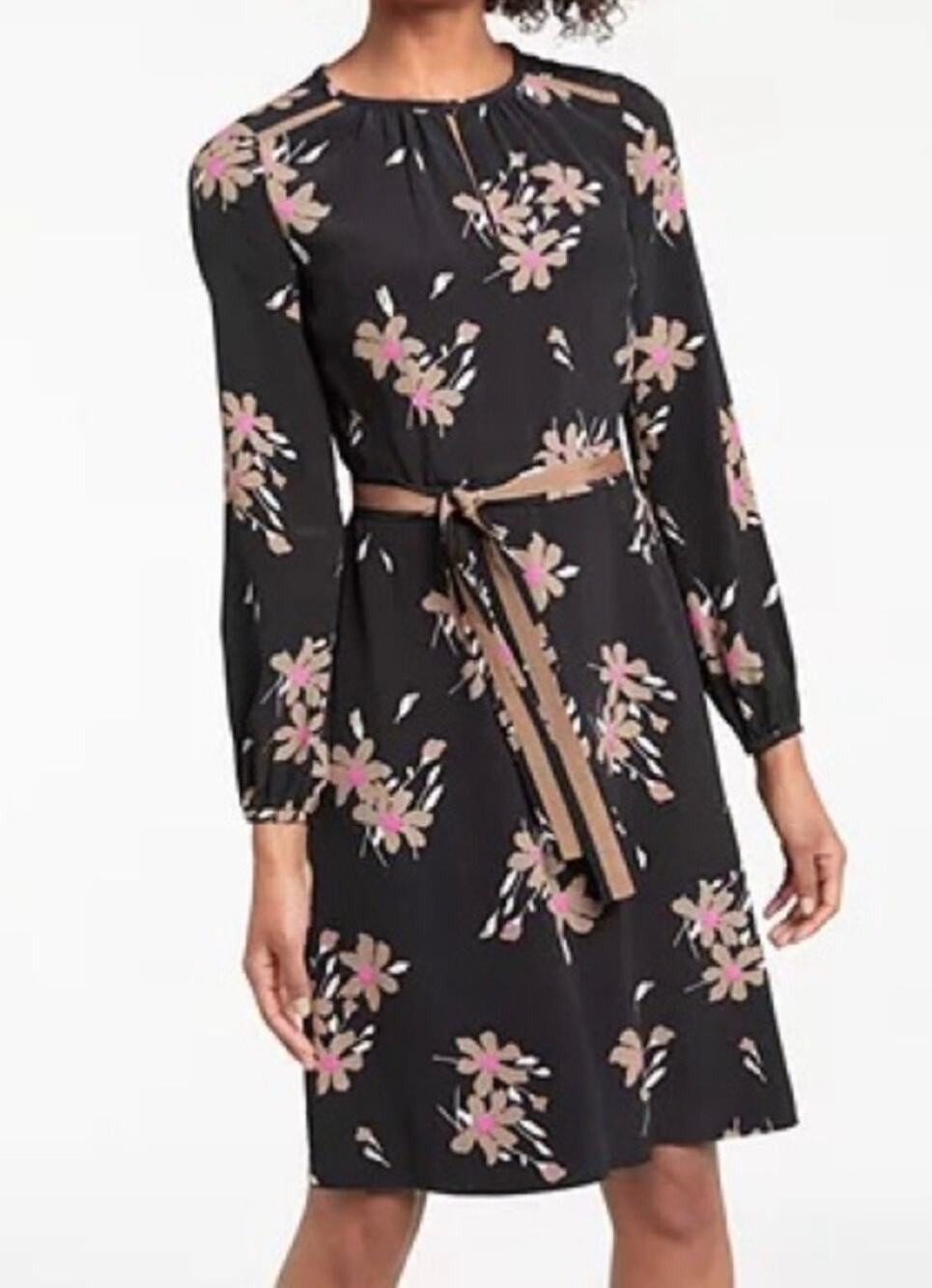 Boden Women's Mara Dress in Black Bramble Floral Tie Waist size 4 Long